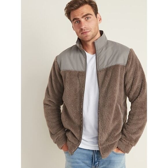 Old Navy Pieced-Yoke Teddy Fleece Jacket Brown Cozy Winter Casual Men's Size M - Picture 1 of 8